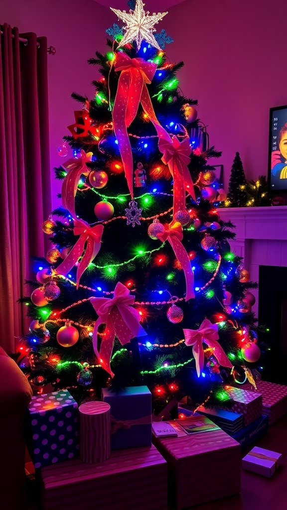 Multi-Color Christmas Tree Lights Decoration Guide A Christmas tree decorated with multi-color lights and ornaments, with gifts underneath.